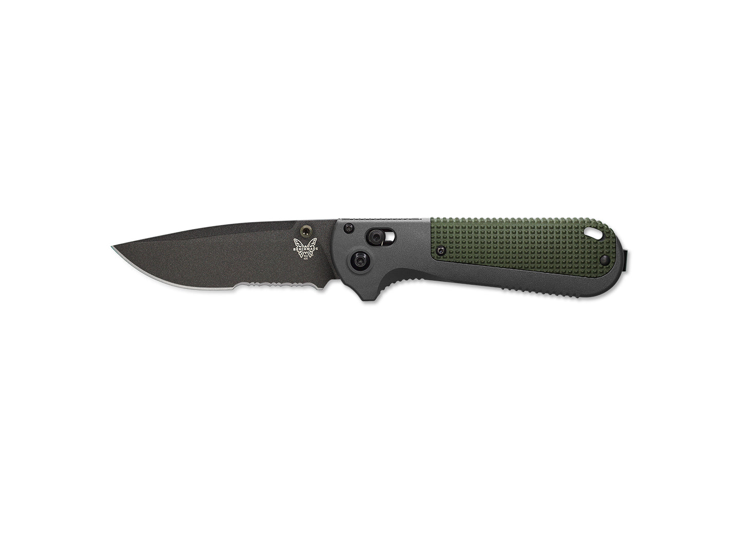 Benchmade Redoubt AXIS Part Serrate 430SBK @ SRKT Cobalt Black/Gray  Cerakote Coated CPM D2 Partially Serrated Drop Point Combo Blade Gray and  Green Grivory Handle Scales Manual Dual Thumb Stud Folding Pocket