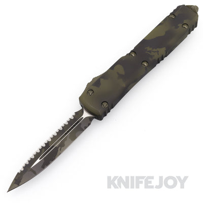 MICROTECH 122-3OCS Ultratech OTF Auto Signature Series Double Edge Olive Camo Full Serrated Blade with Olive Camo Handles - Scratch & Dent
