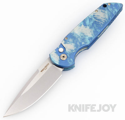 Pro-tech Knives TR 3 KnifeJoy Exclusive Auto with Stonewash 154CM Clip Point Blade with "Frostbite" Custom Anodized Aluminum Handles/ MOP Button/ Satin Hardware/ Blue Titanium Clip - Scratch & Dent