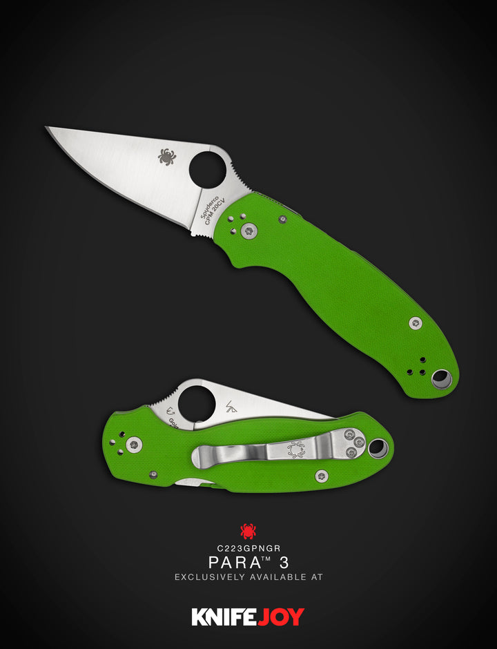 Spyderco (C223GPNGR) Para 3 Neon Green G10 with 20CV PlainEdge